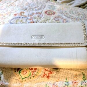 Vintage COACH Envelope Cream and Brown Leather Turn Lock Wallet Clutch